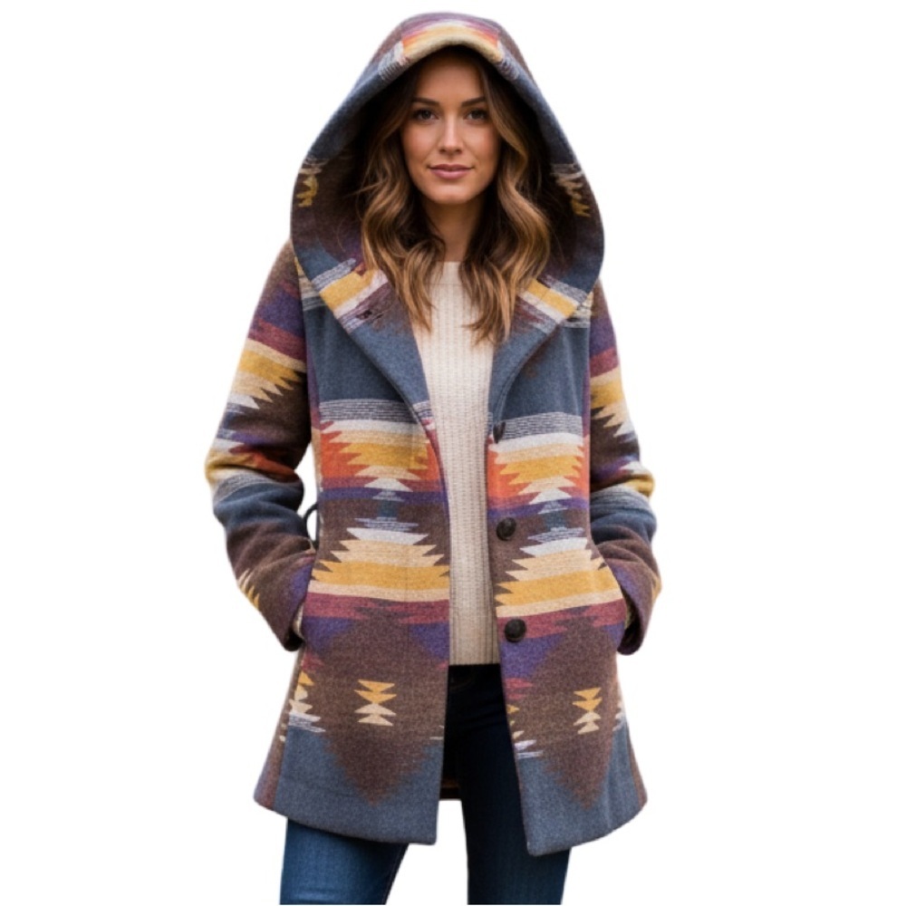 Vintage 90s Y2K Paris Blues Wool Blend Southwestern Aztec Tribal Hooded Coat - Picture 2 of 10